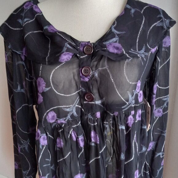 VINTAGE 90s Y2K EQUATION BLACK PURPLE CHIFFON BABYDOLL FLORAL DRESS NOS M - Picture 3 of 9